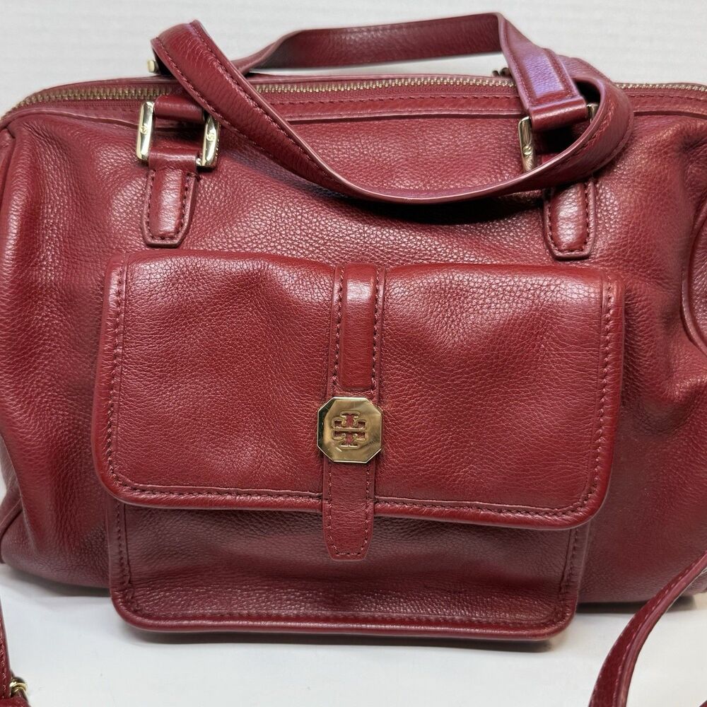 Tory Burch Deep Red Pebbled Leather Large Satchel Crossbody Bag - Picture 2 of 8